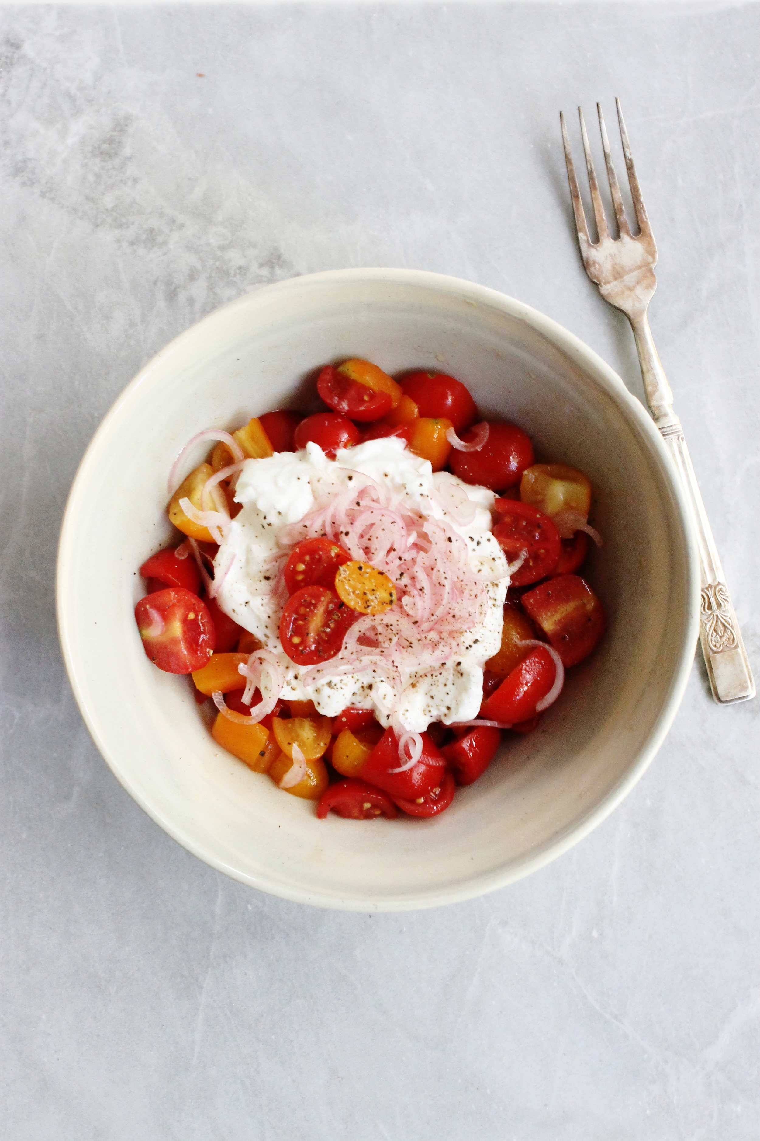 Heirloom tomato salad with burrata and pickled shallots | Beloved Kitchen