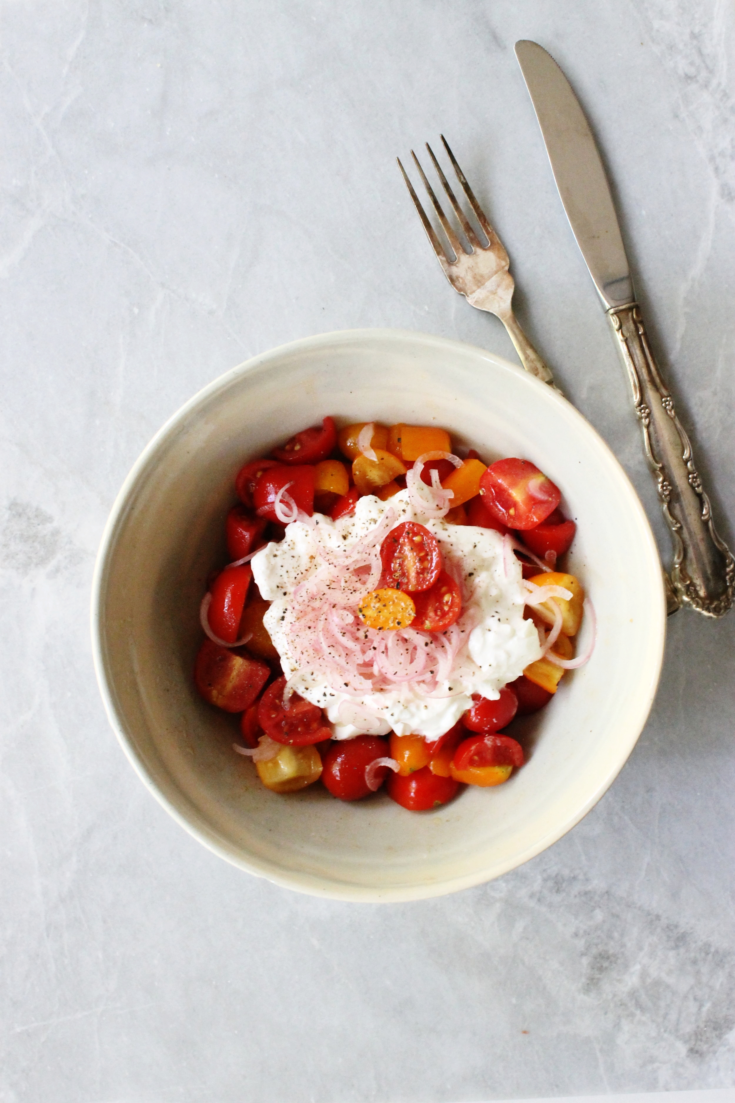 Heirloom tomato salad with burrata and pickled shallots | Beloved Kitchen