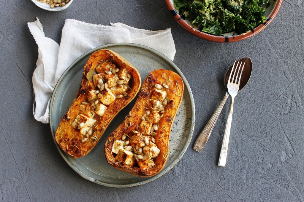 Spiced baked feta in squash bowls