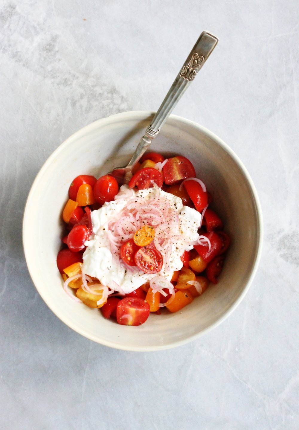 Heirloom tomato salad with burrata and pickled&nbsp;shallots